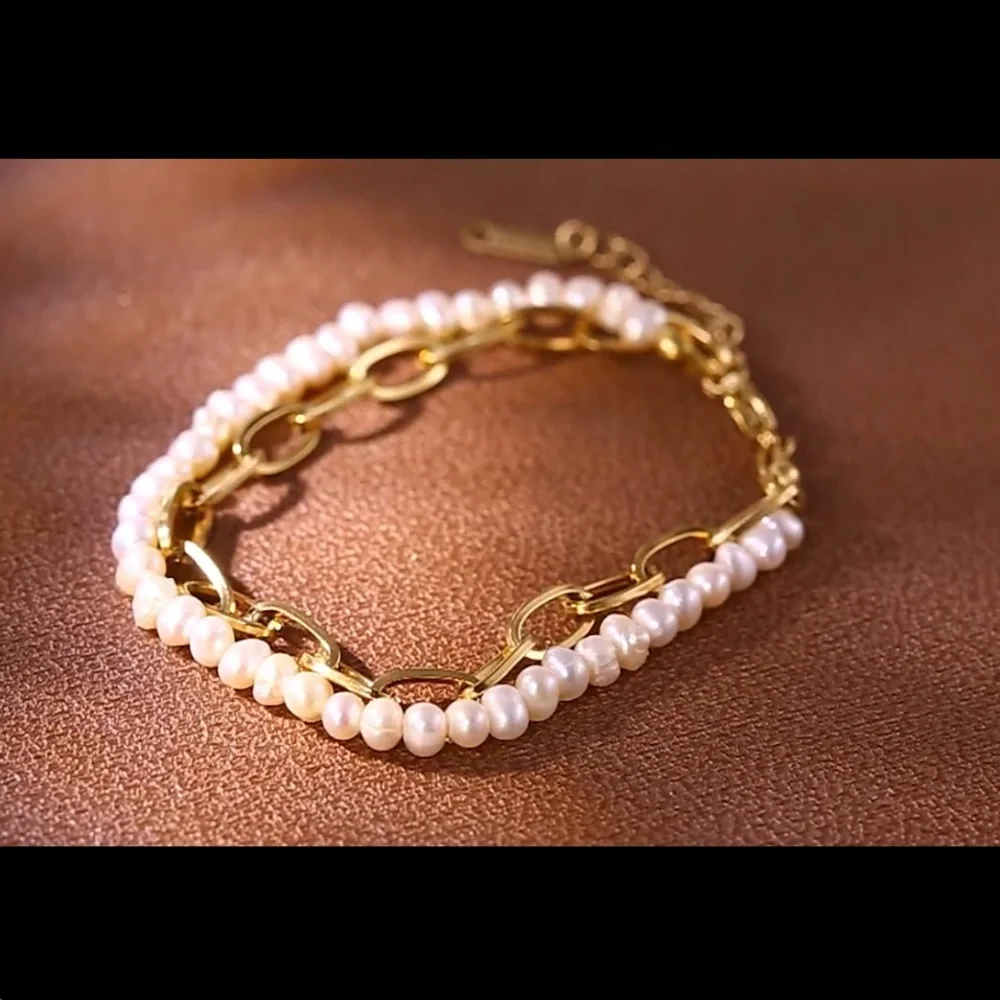 2in1 Zara Gold Genuine White Pearl Line 2-Linked Chained Bracelets
